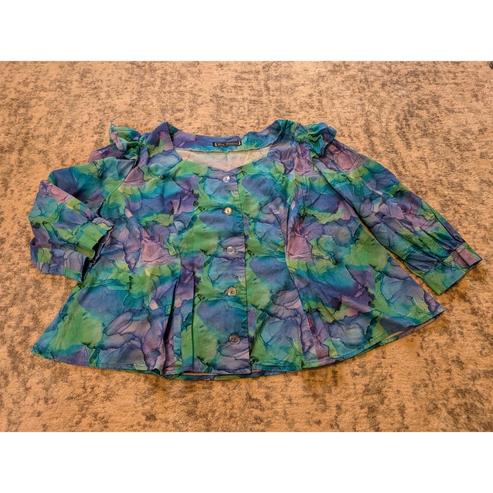 Chris' Creations Blue Green Watercolor Button Front Cropped Blouse Jewel Women's